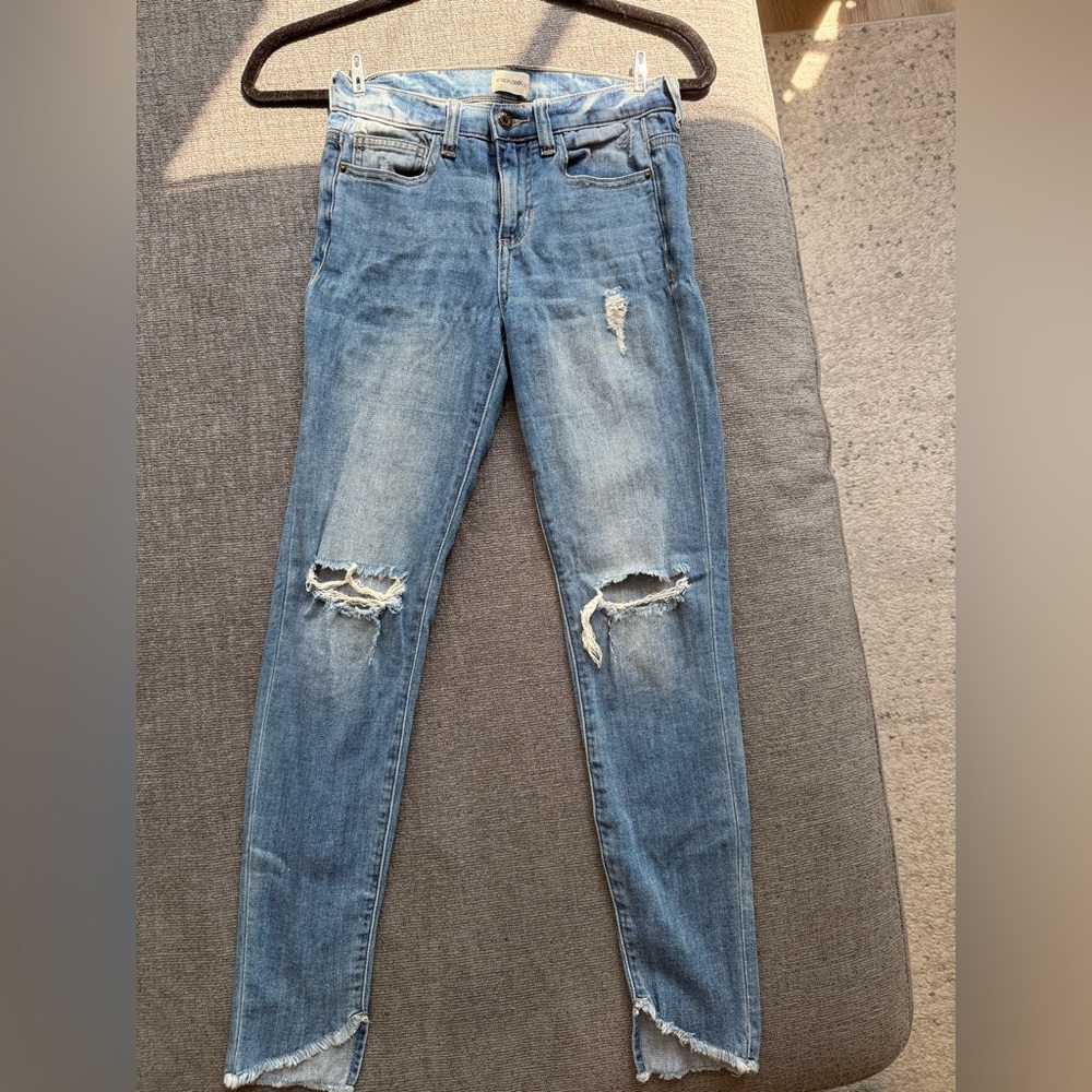 Sneak Peek Mid-Rise Distressed Blue Women's Jeans with Raw Hem